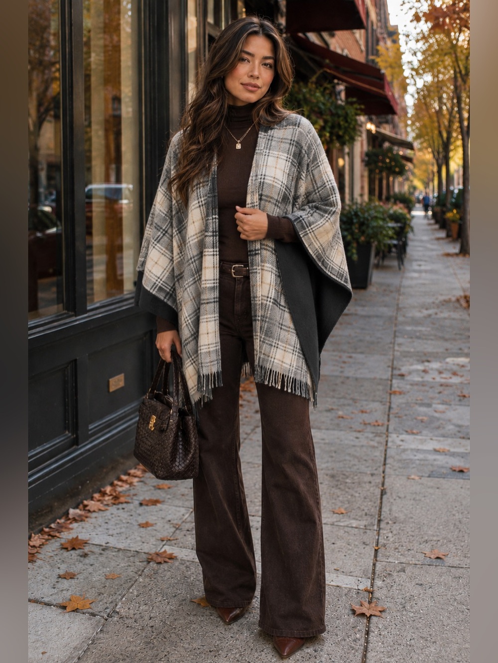Estudio OS Reversible Plaid‎ Shawl Black Cape Transitional Staple Fringe Wrap